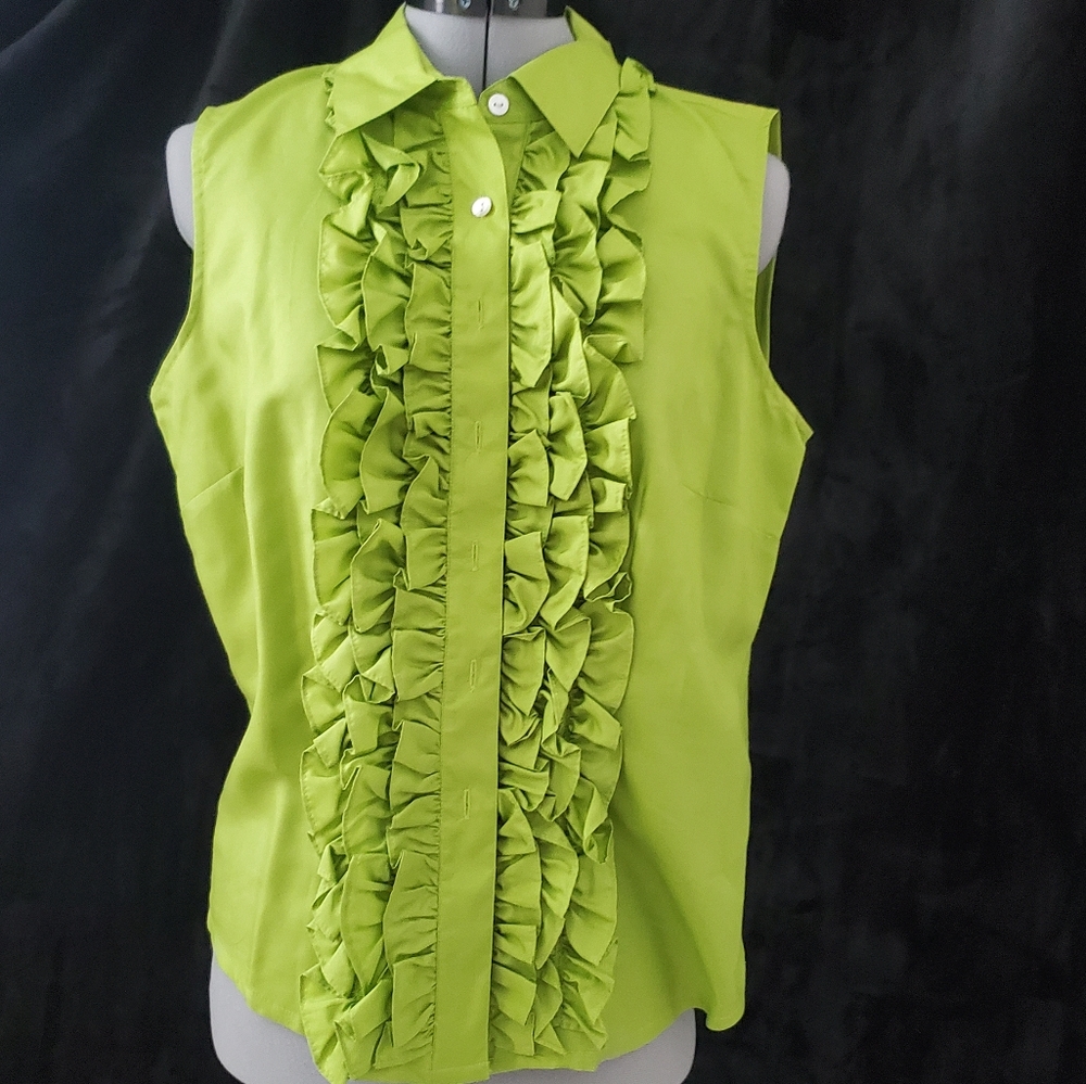 Vintage retro silk ruffles green button down top